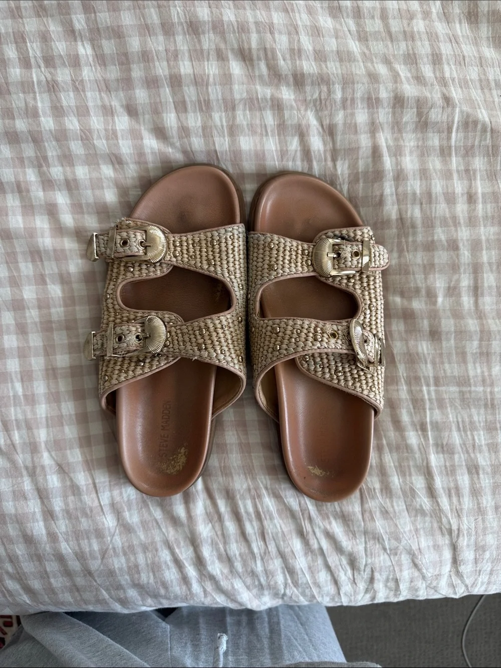 Steve Madden Beige Woven Double-Buckle Slide Sandals